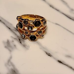 Gold Stella & Dot ring with diamond & black colored stones